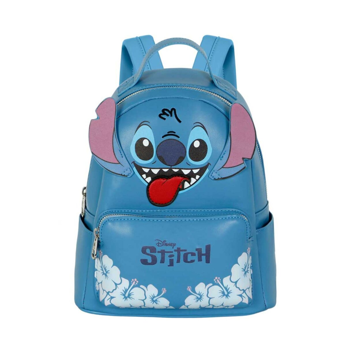 Mochila azul de Stitch. Cara de Stitch en la parte delantera. Lengua roja, orejas grandes. Logo de Disney Stitch.