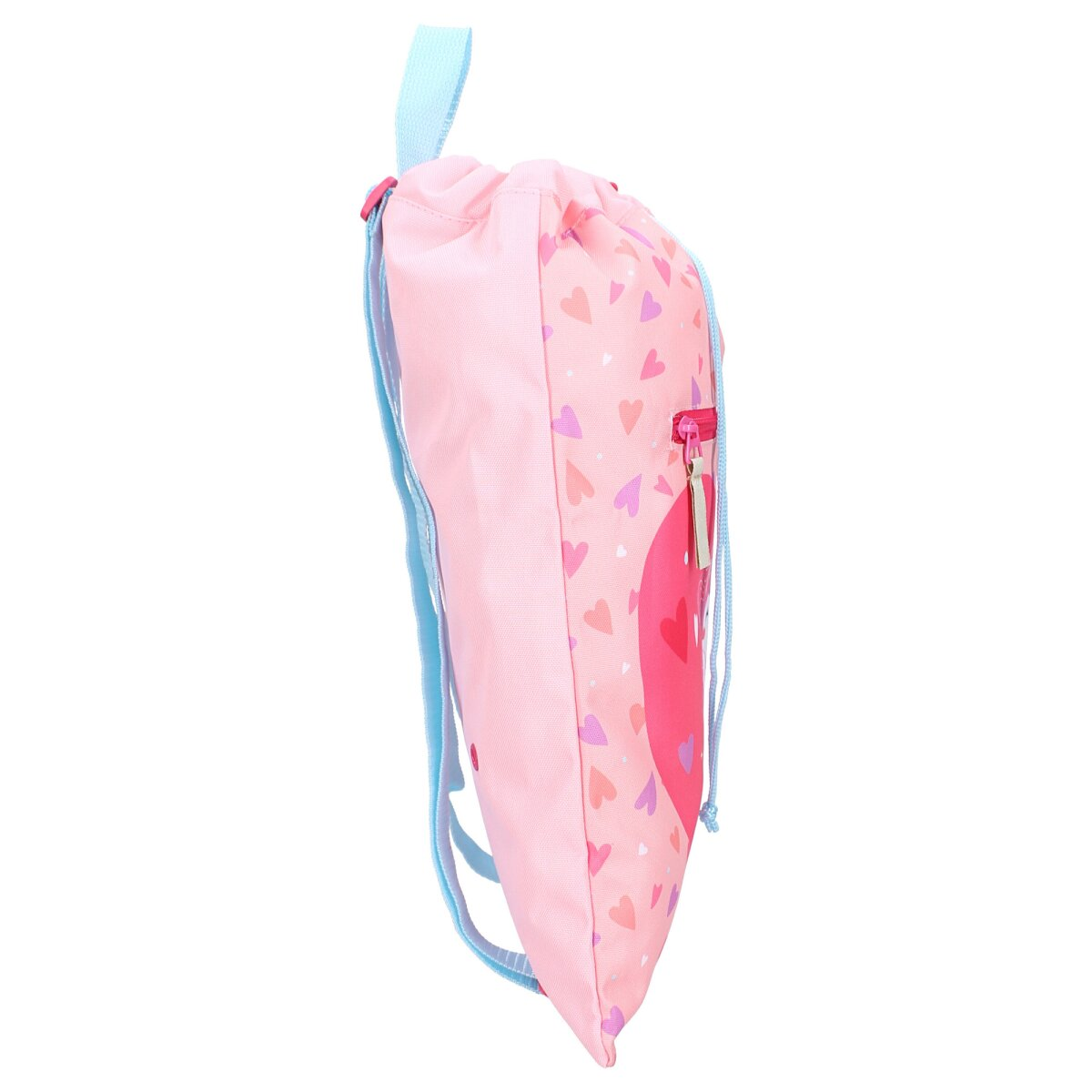 Pinker Kordelzugbeutel mit Herzen, einem Reißverschluss und einem blauen Riemen.