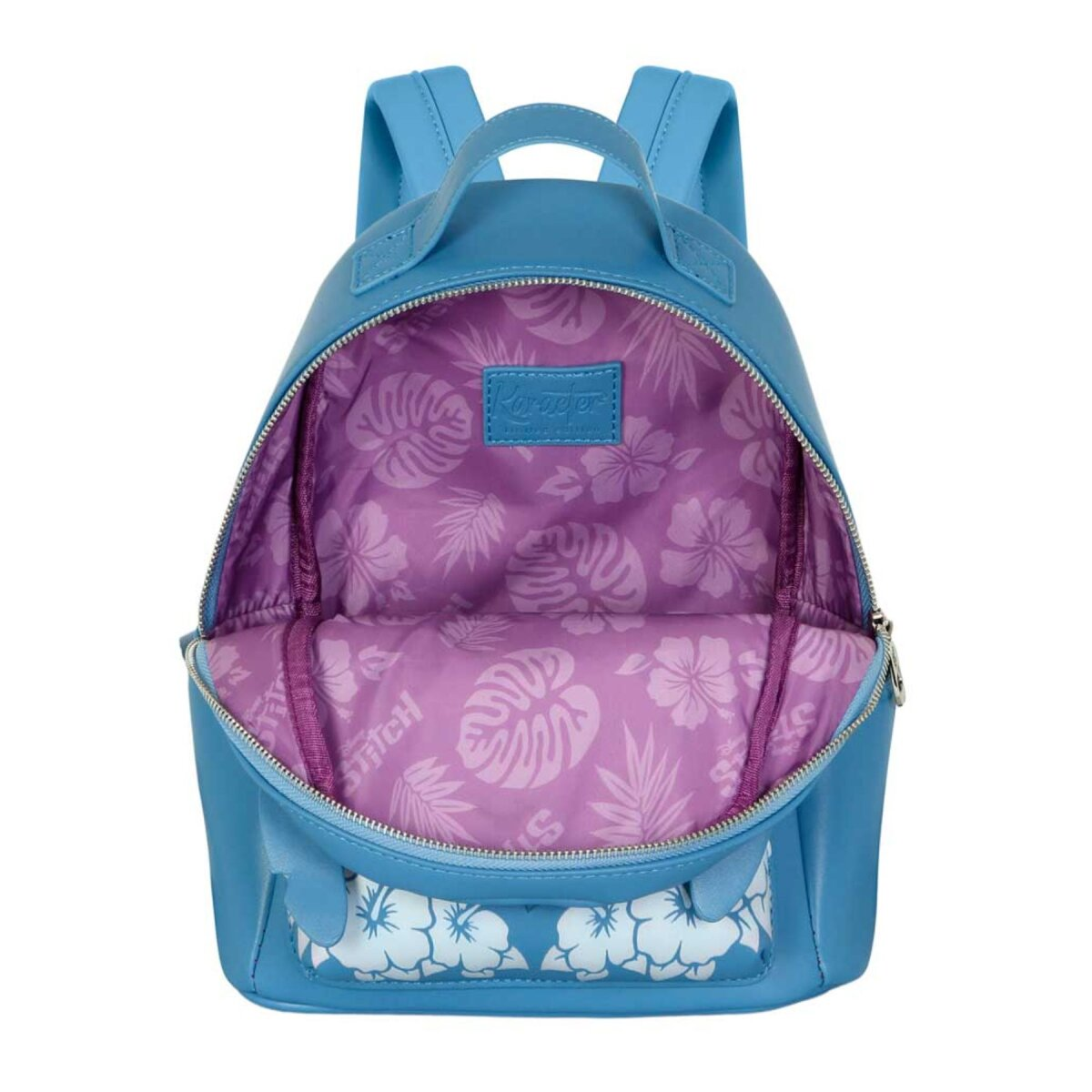 Mochila azul de Stitch, abierta, mostrando un interior floreado. Cremallera y detalle floral en la parte delantera.
