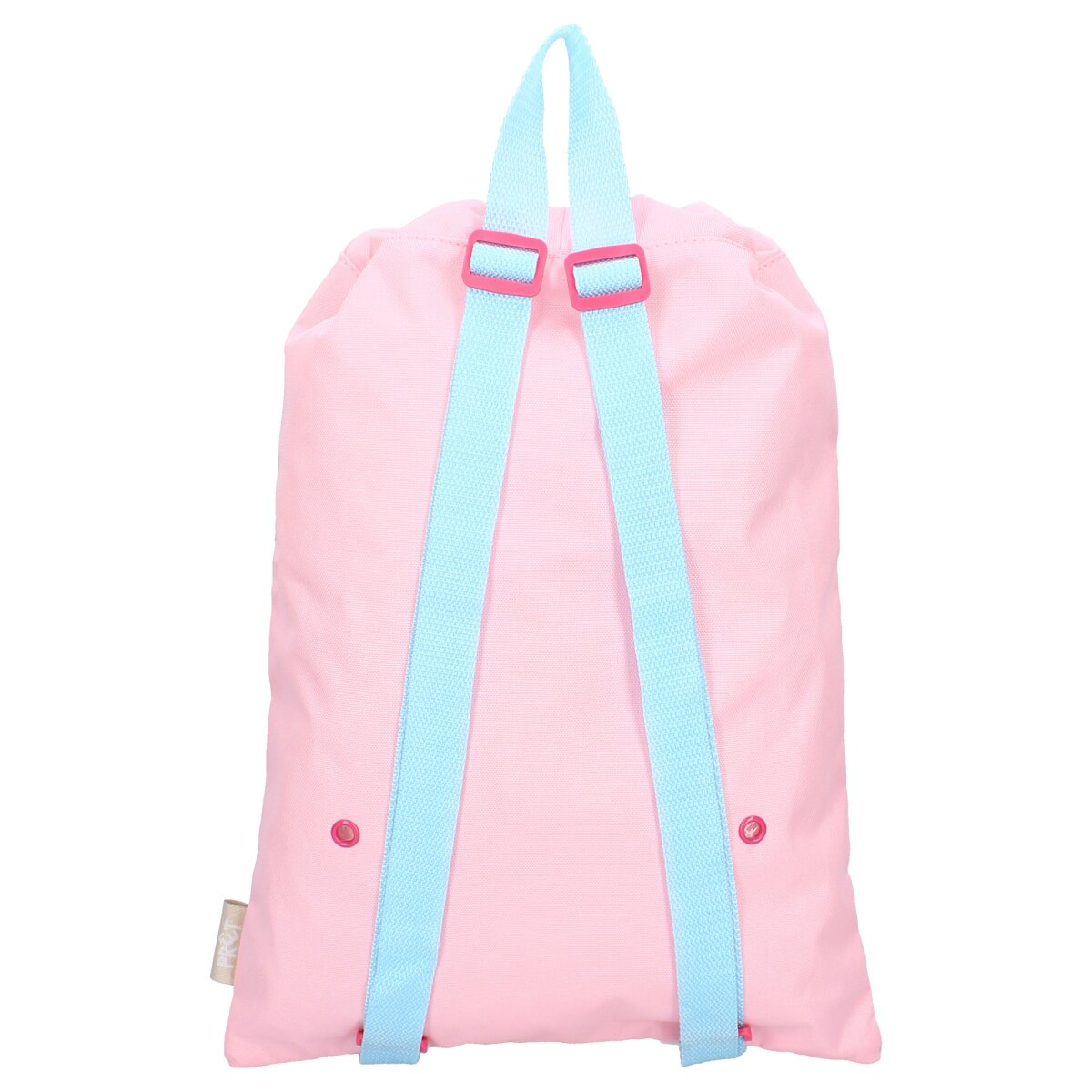 Rosa Rucksack mit hellblauen Trägern. Die Träger sind mit pinkfarbenen Kunststoffschnallen befestigt.