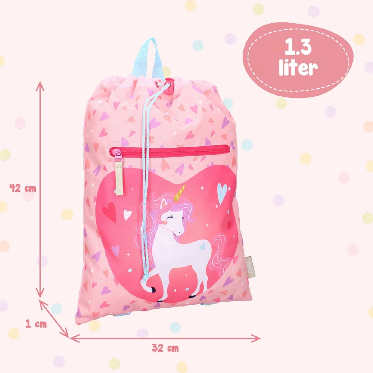 Rosa Kordelzugbeutel mit Einhorn-Design. Abmessungen und Fassungsvermögen sind angegeben.