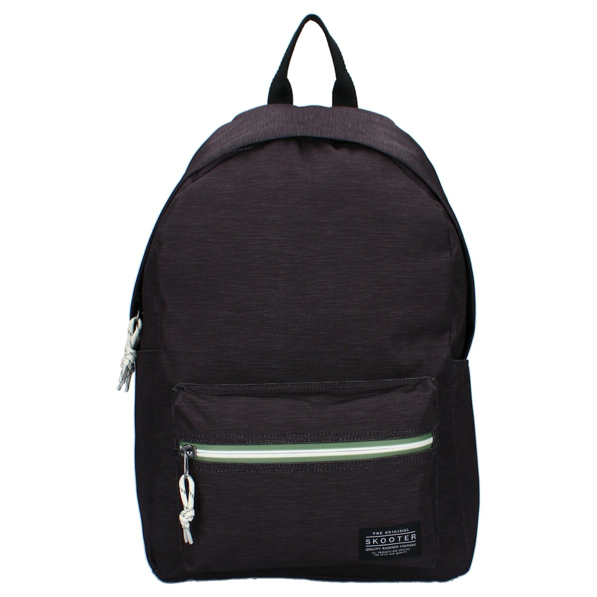 Ein schwarzer Rucksack mit einer Vordertasche und einem grün-weißen Reißverschluss.