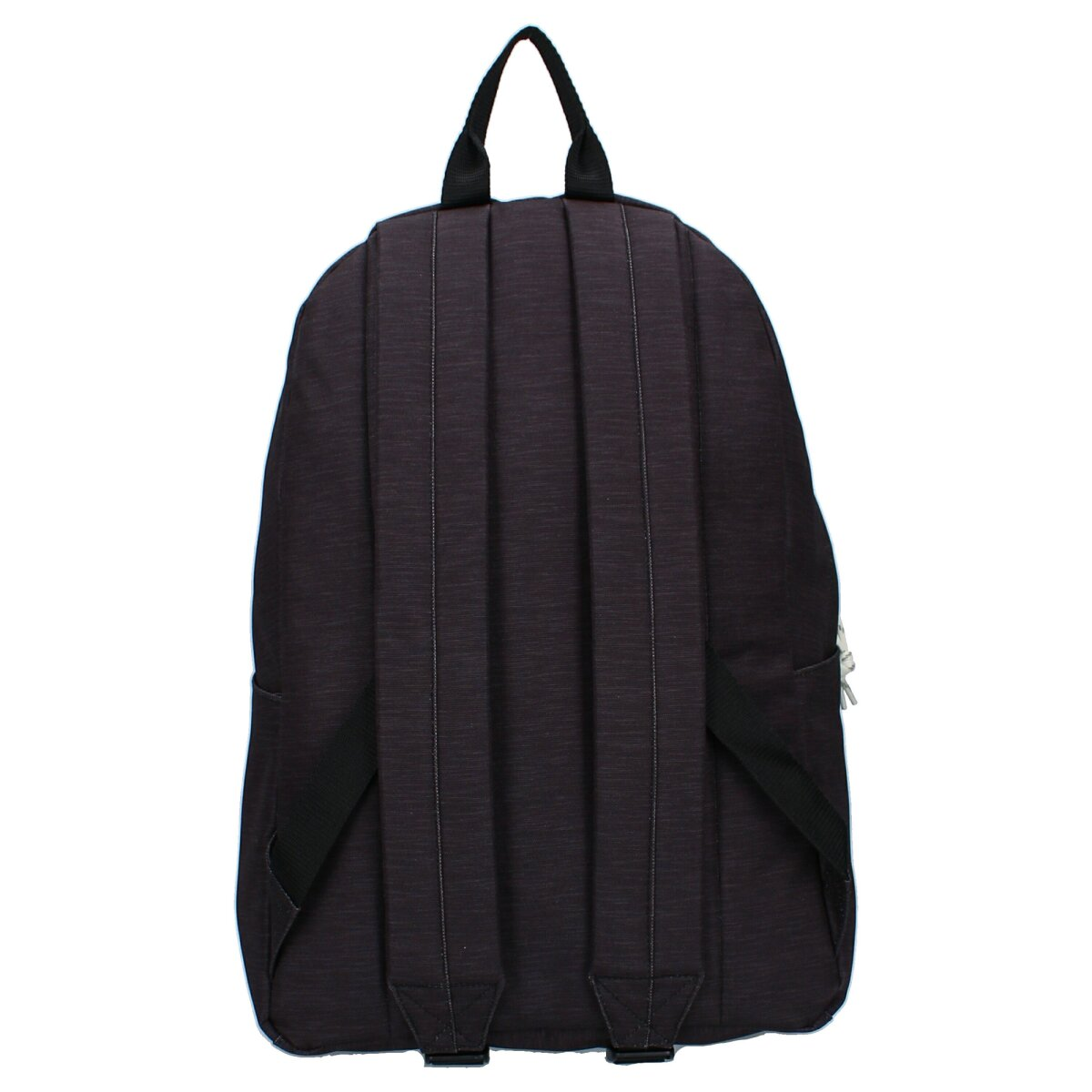 Rückansicht eines schwarzen Rucksacks mit vertikalen Linien und schwarzen Trägern.