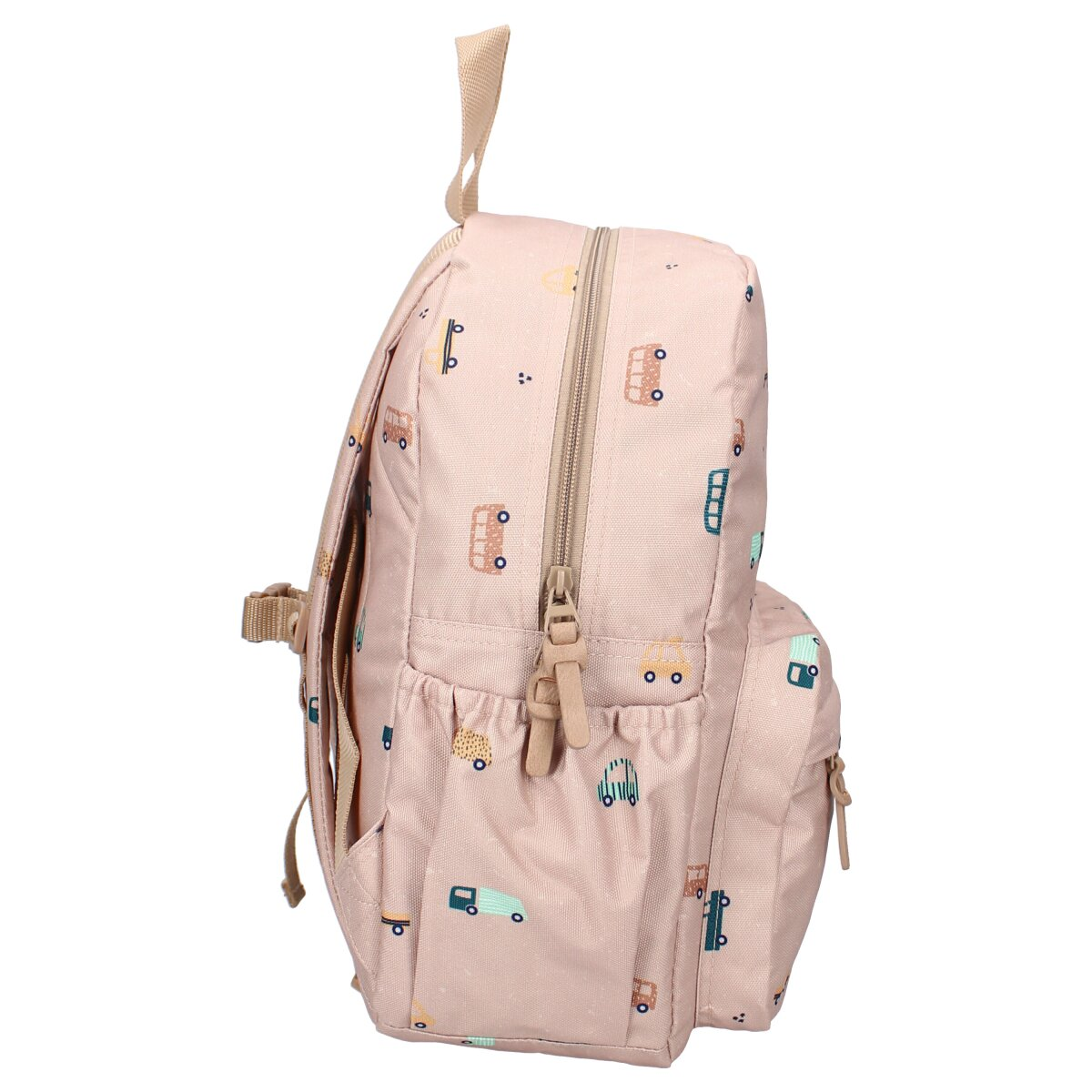 Ein rosa Rucksack mit Busmustern auf der Seite. Er hat einen Reißverschluss und Seitentaschen.