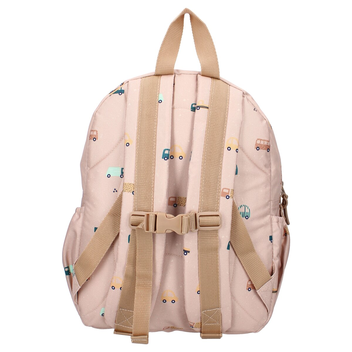 Rückseite eines rosa Rucksacks mit Autodesign. Merkmale sind beige Träger und ein Schnallenverschluss.