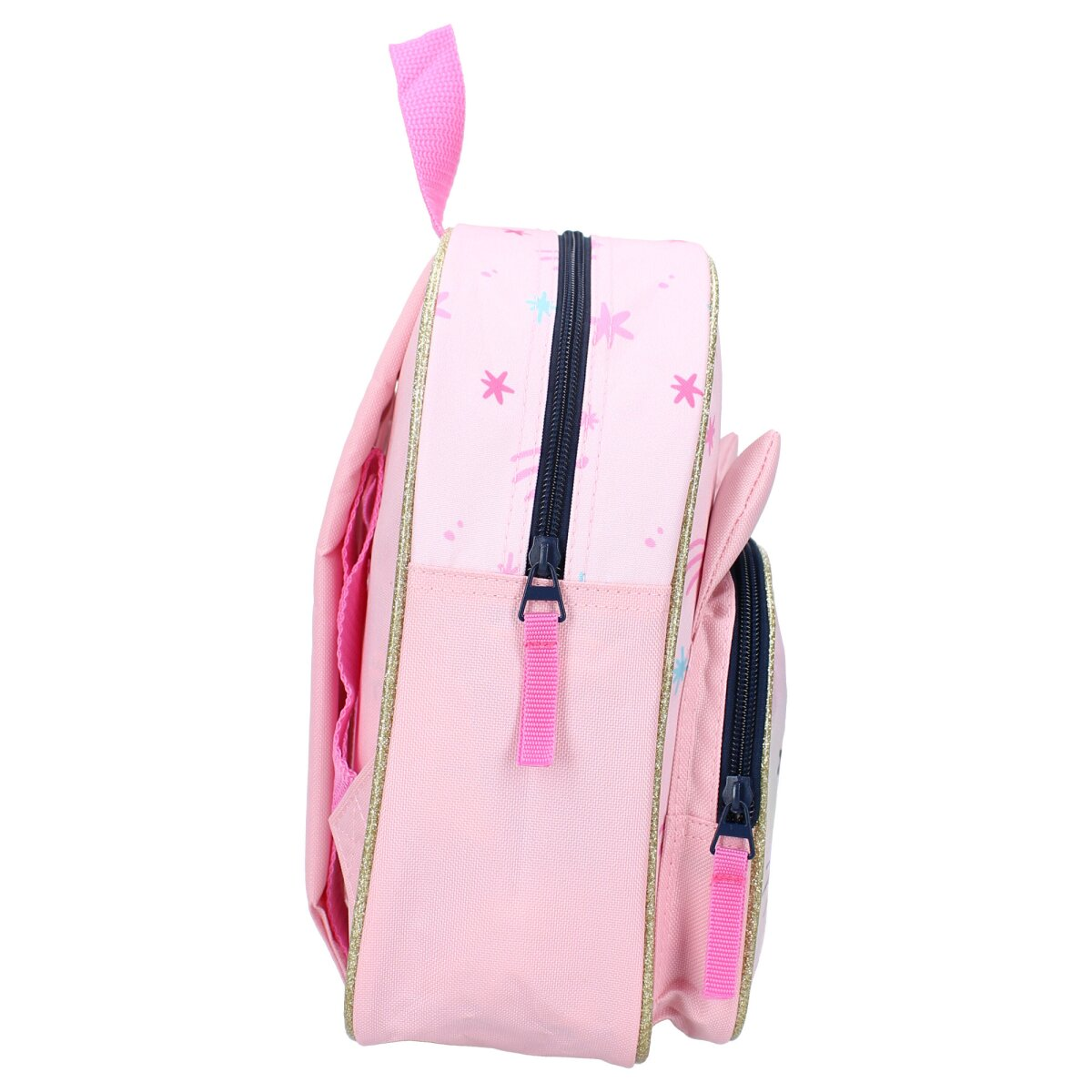 Pink backpack with a zipper, side pockets, and a handle. Decorated with stars.