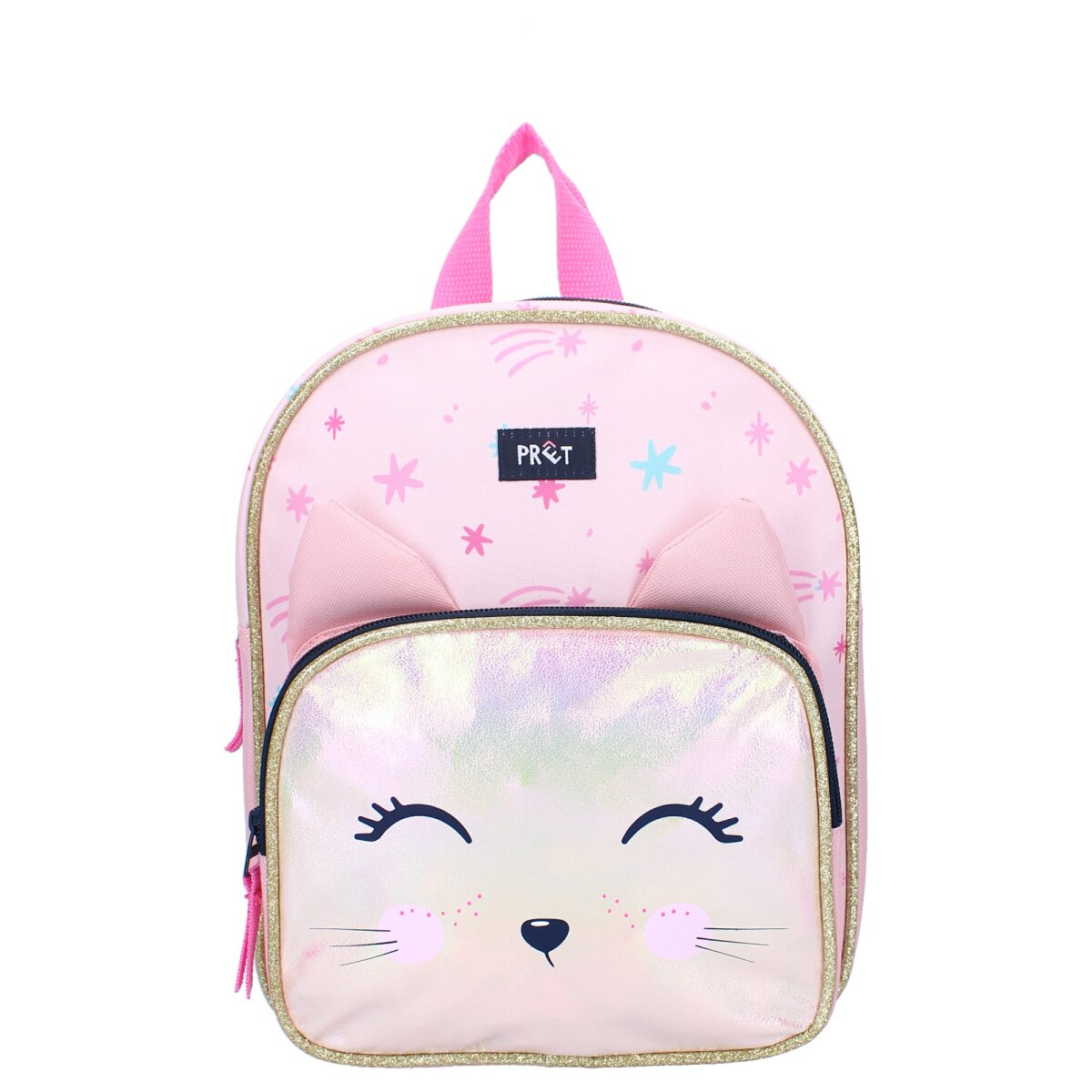 Pink cat-themed backpack with ears and a holographic face.