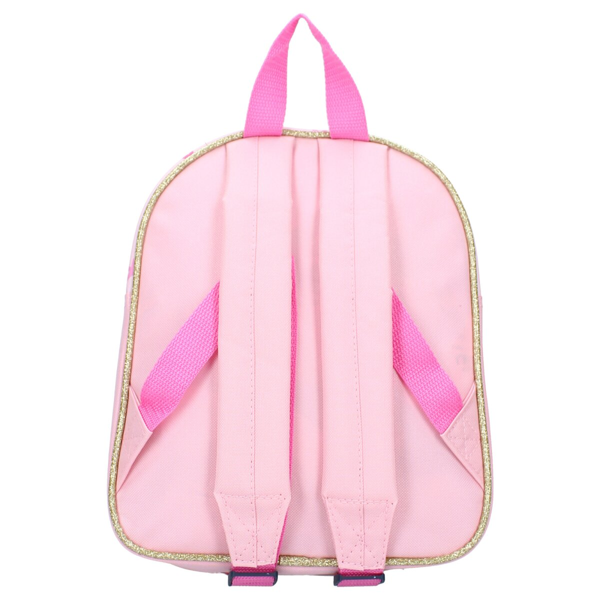 Pink backpack with gold trim and pink straps.