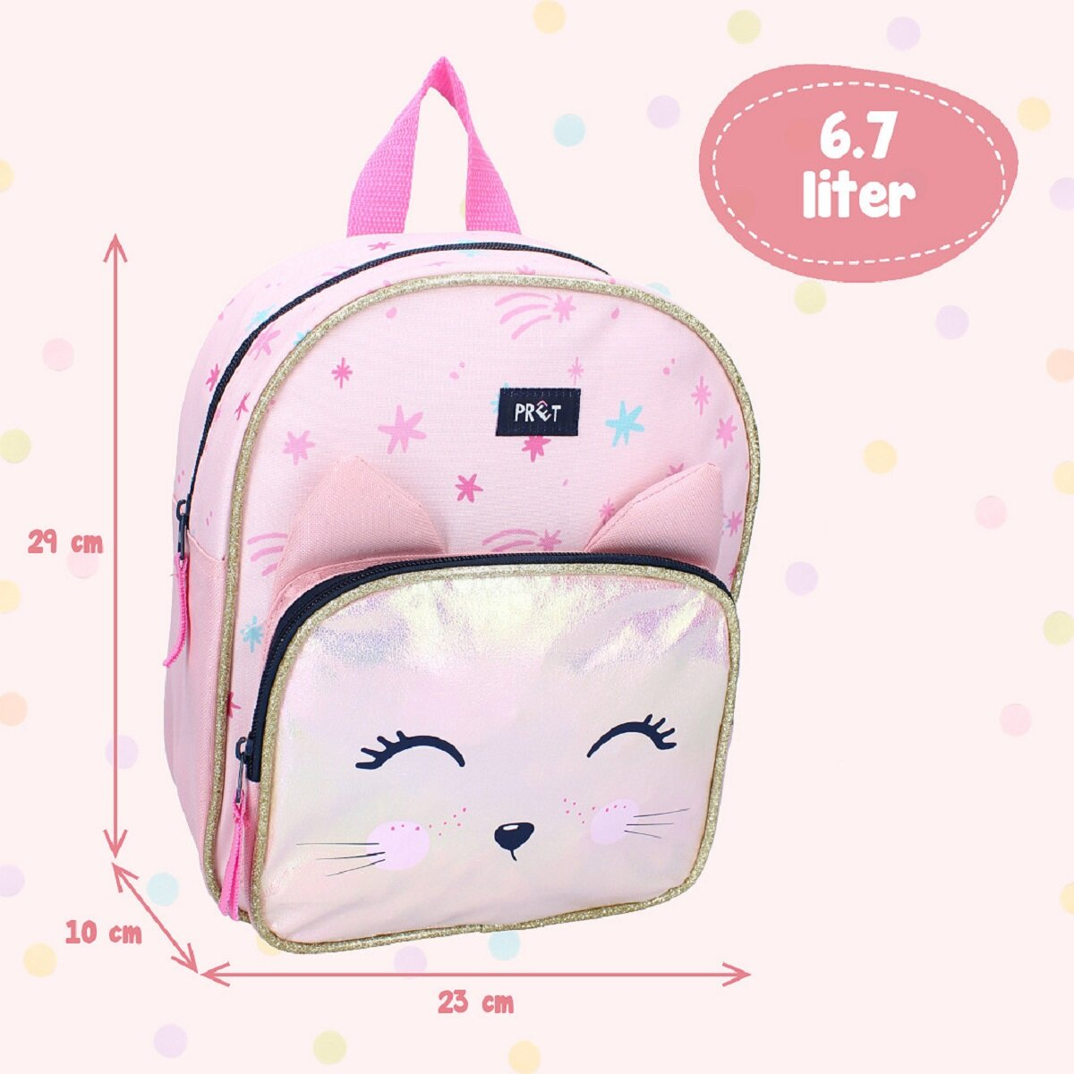Pink cat-face backpack with dimensions shown. Gold trim, black zippers. Pink background.
