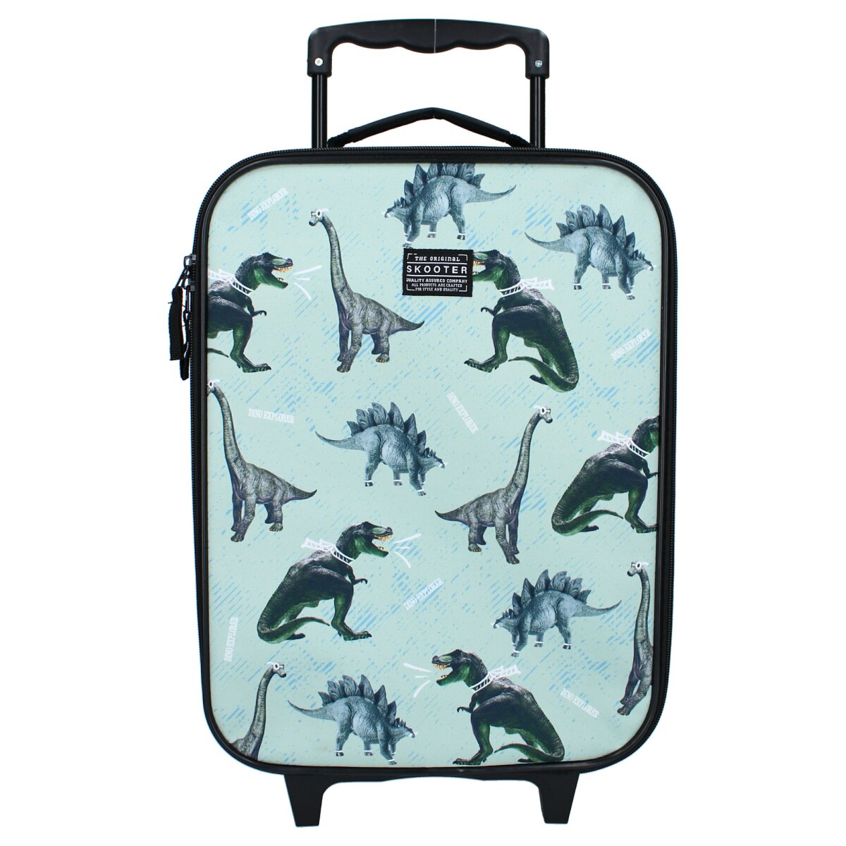 Rolling suitcase with a dinosaur pattern on a light blue background.