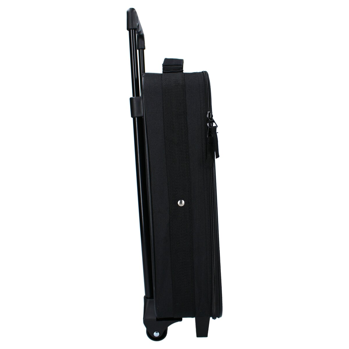 Black rolling suitcase, side view. Black fabric, retractable handle, two wheels, zipper, button details.