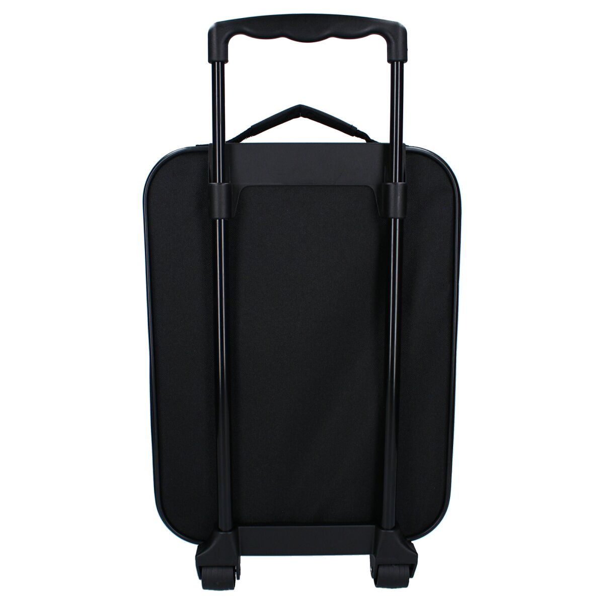 A black suitcase with a handle and wheels, viewed from the back.