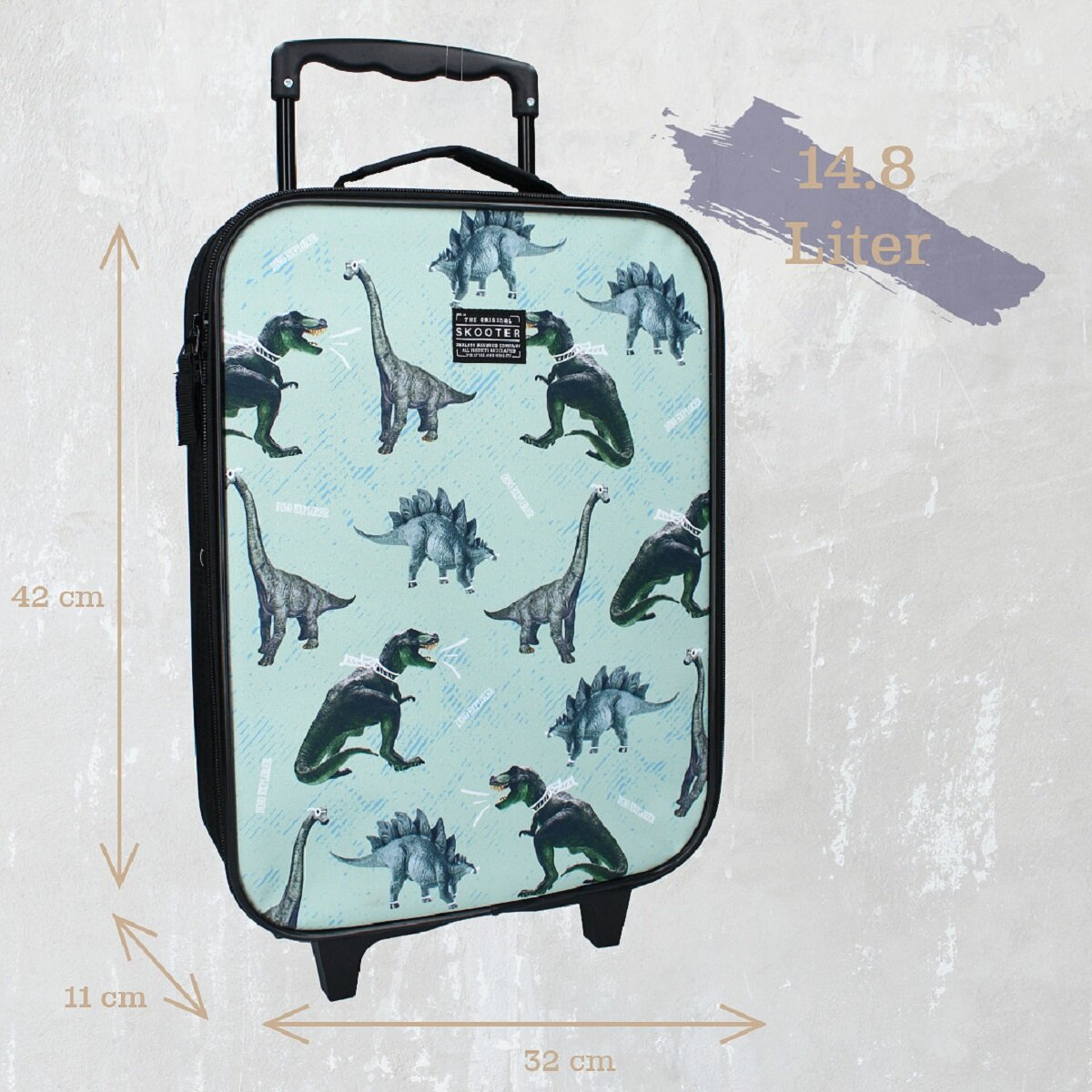 Blue suitcase with dinosaur pattern. Measures 42x32x11 cm. 14.8 liters.