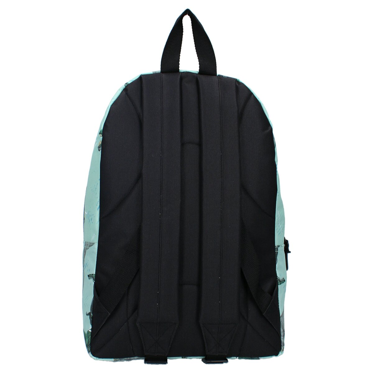 Rucksack, hellblau mit Aufdruck. Schwarze Träger und Rückwand. Weißer Hintergrund.