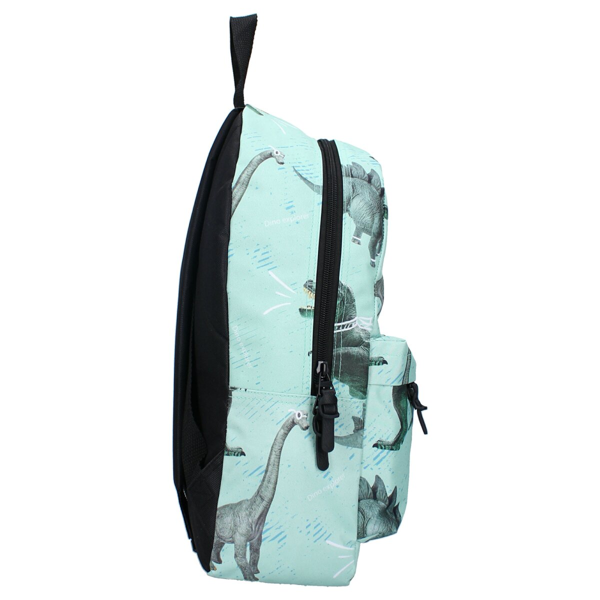 Ein Rucksack mit Dinosauriern darauf. Er ist hellblau mit einem schwarzen Reißverschluss und Riemen.