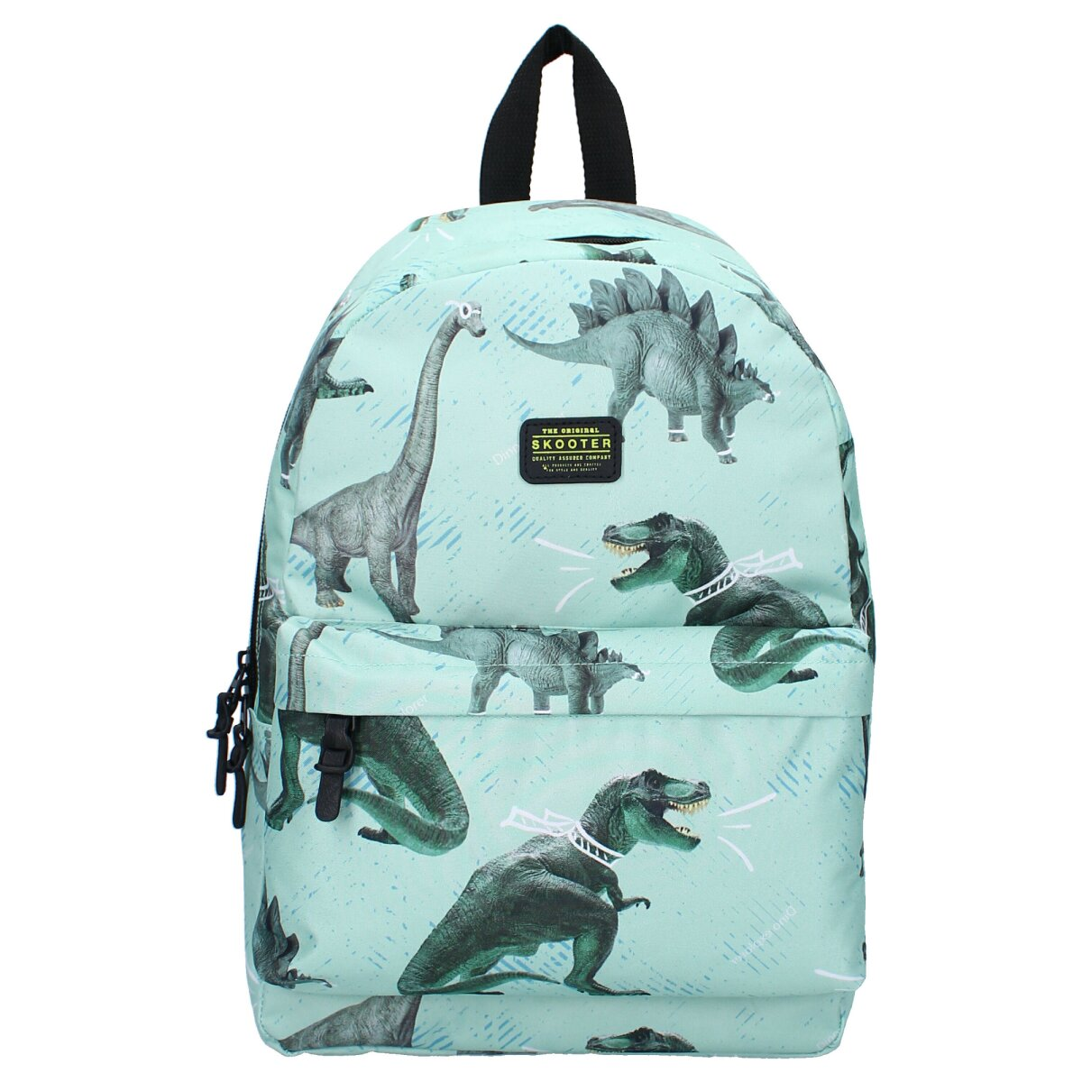 Ein Rucksack mit Dinosaurier-Motiv und verschiedenen Dinosaurier-Illustrationen auf hellblauem Hintergrund.