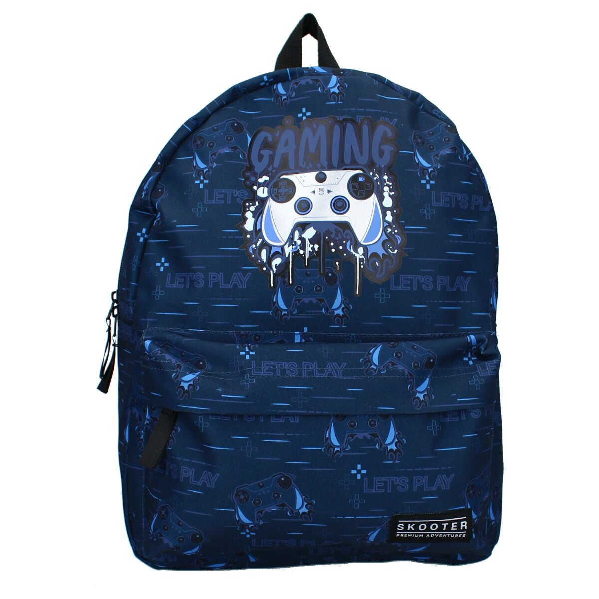 Blauer Gaming-Rucksack mit Joystick-Design. Text auf dem Rucksack lautet 'Gaming' und 'Let's Play'.