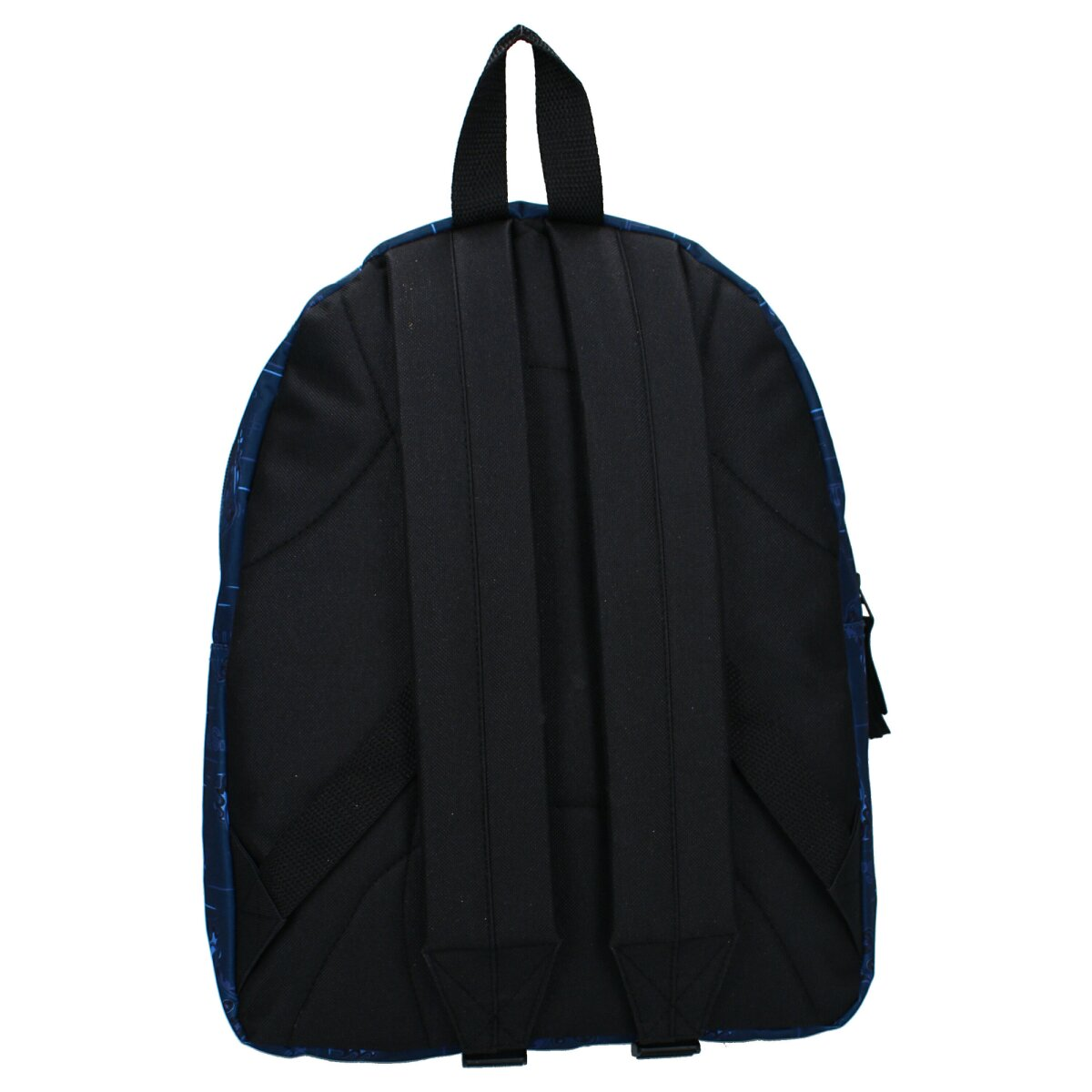 Rückseite eines marineblauen Rucksacks mit blauem Aufdruck.