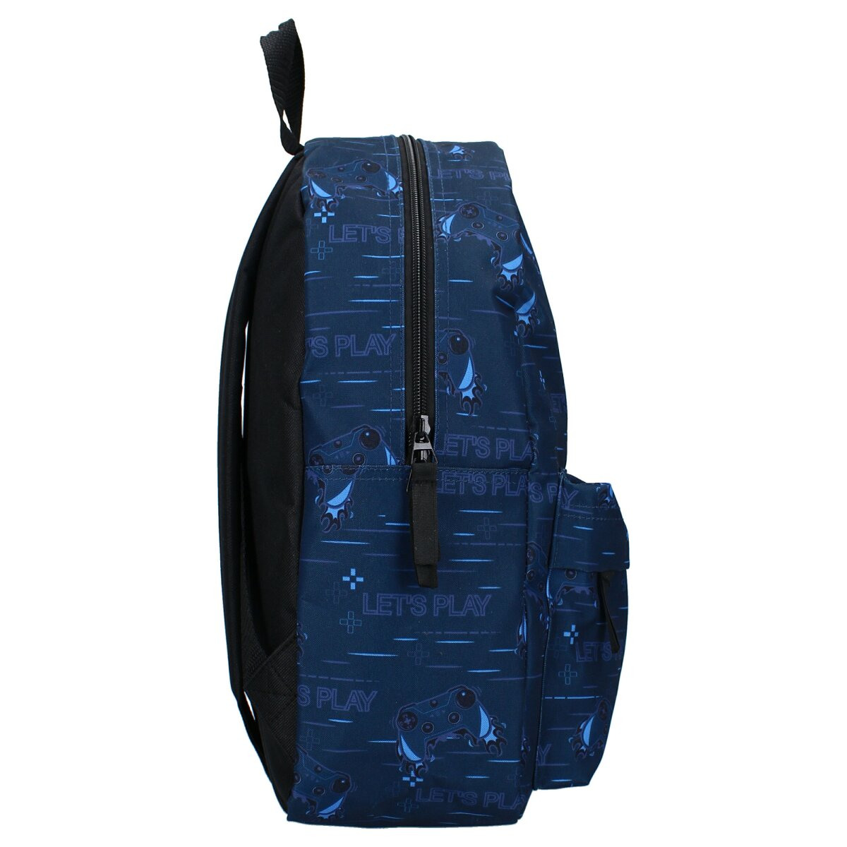 Seitenansicht eines dunkelblauen Rucksacks mit Controller-Muster und Reißverschluss.