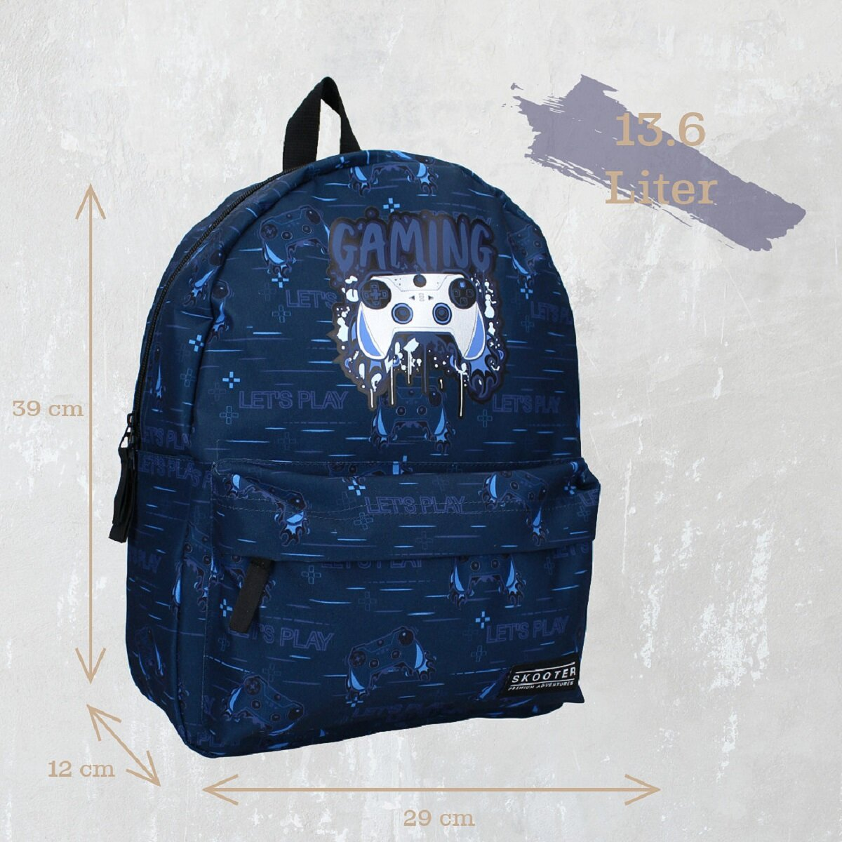 Blauer Gaming-Rucksack mit Abmessungen, mit einem Gaming-Controller-Design und den Worten 'Let's Play'.
