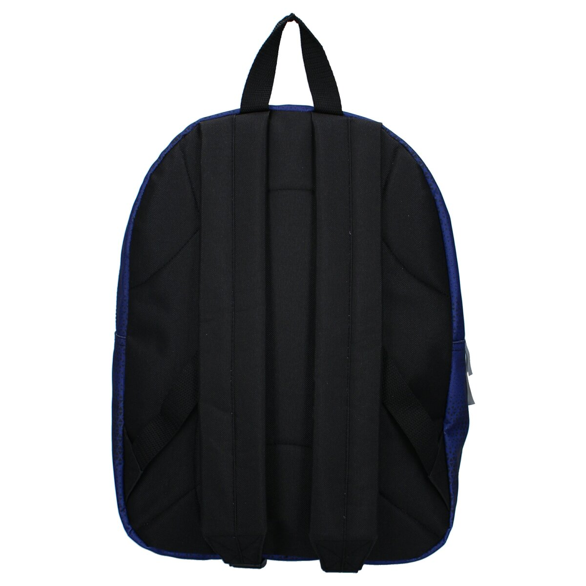 Rucksack mit blauer Vorderseite und schwarzen Trägern und Rückseite.