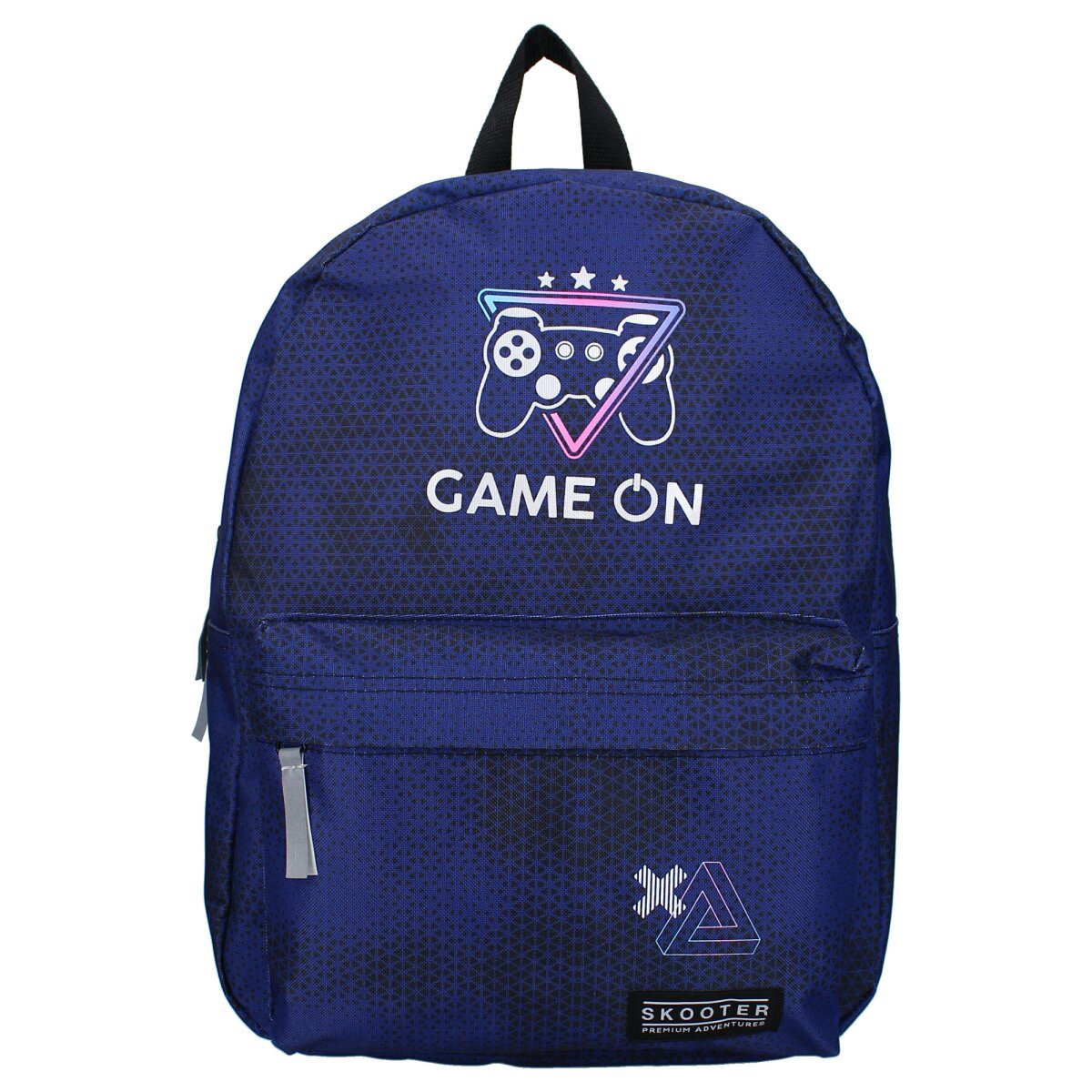 Blauer Rucksack mit Gamecontroller-Logo und Schriftzug 'GAME ON'. Er hat ein schwarzes Muster.