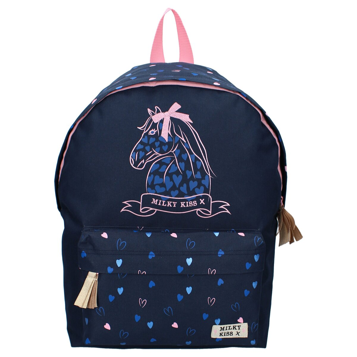 Marineblauer Rucksack mit Pferde-Grafik und Herzen. Rosa Schleife, Griff und Quasten. Kleine Tasche mit Quasten.