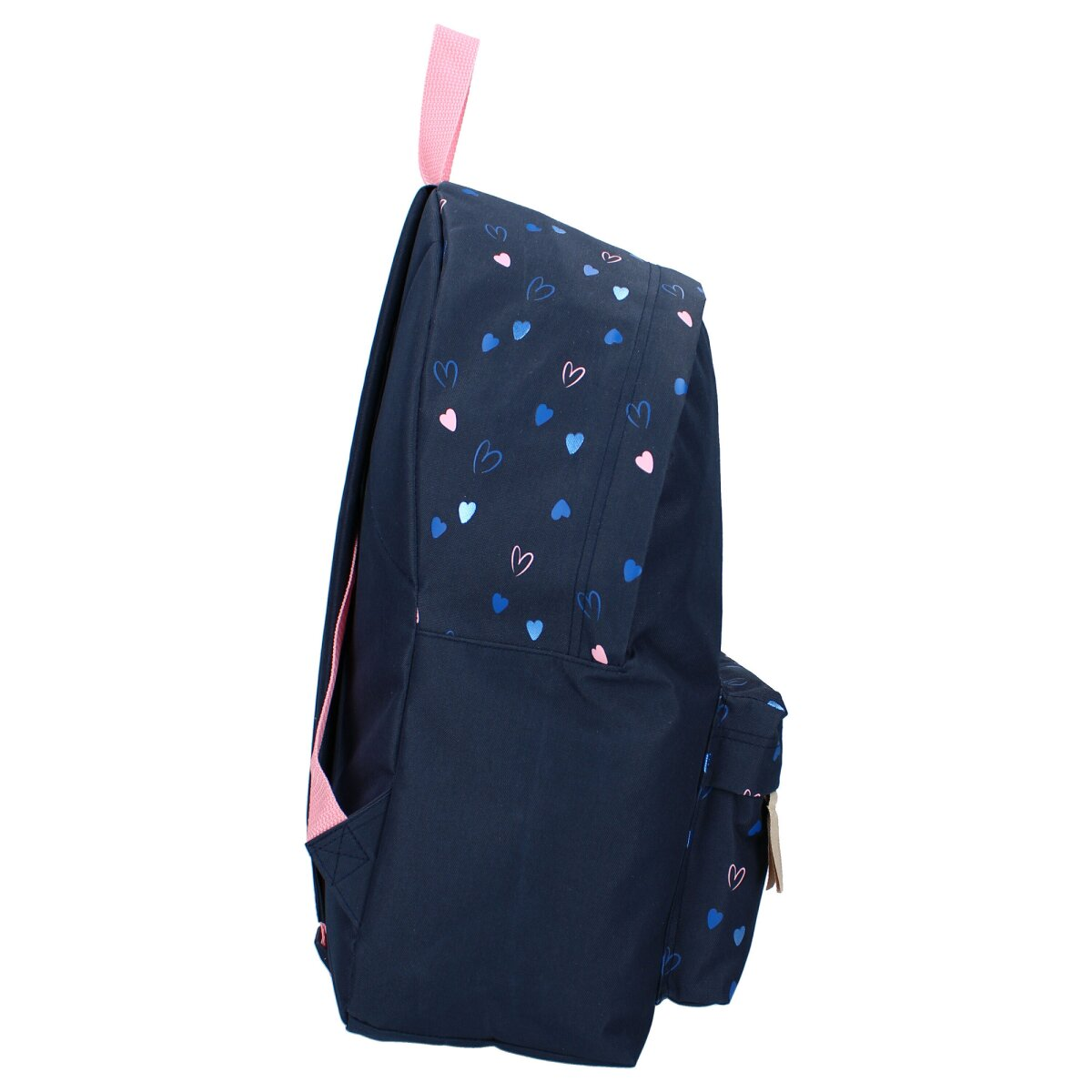 Marineblauer Rucksack mit pinkem Riemen und Herzmuster. Mit einer Seitentasche.