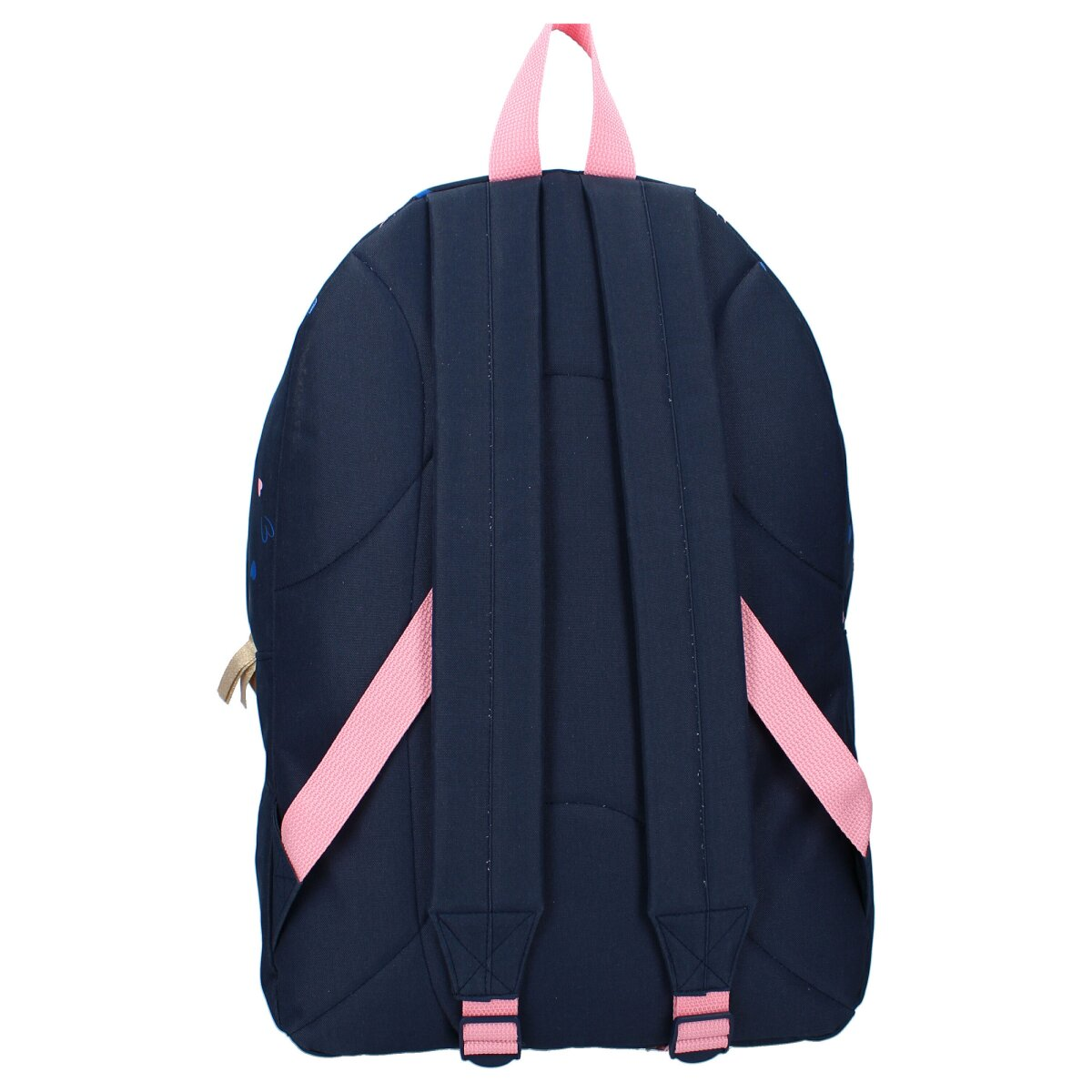 Marineblauer Rucksack mit rosa Trägern. Die Rückseite hat ein Blumenmuster.