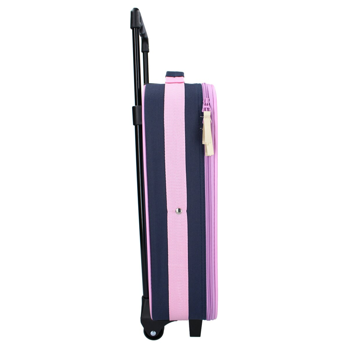 Ein rosa-blau gestreifter Koffer mit Griff, Seitenansicht.