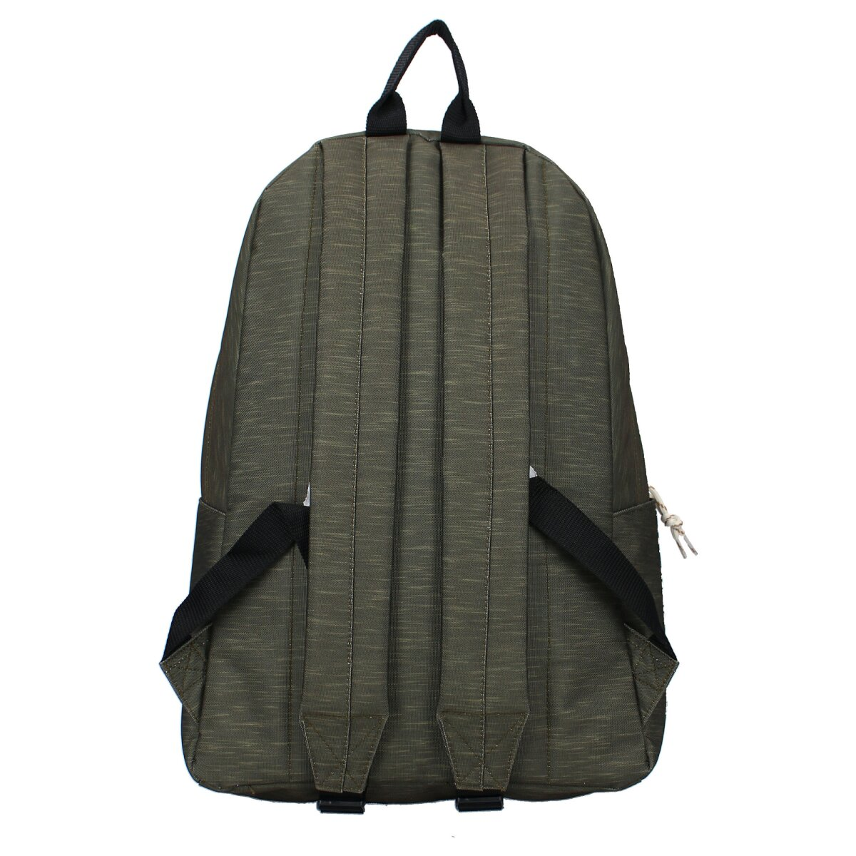 Rückansicht eines grünen Rucksacks mit schwarzen Trägern. Griff oben. Hellfarbiger String an der Seite.