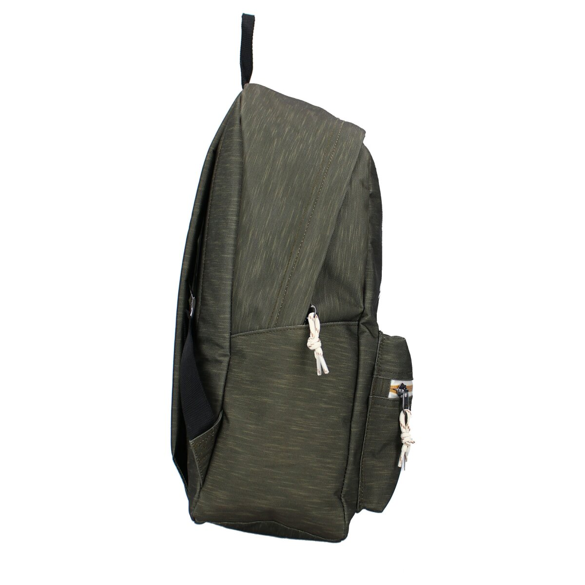 Grüner Rucksack mit Seitenansicht, die eine Tasche und einen weißen Reißverschluss zeigt.