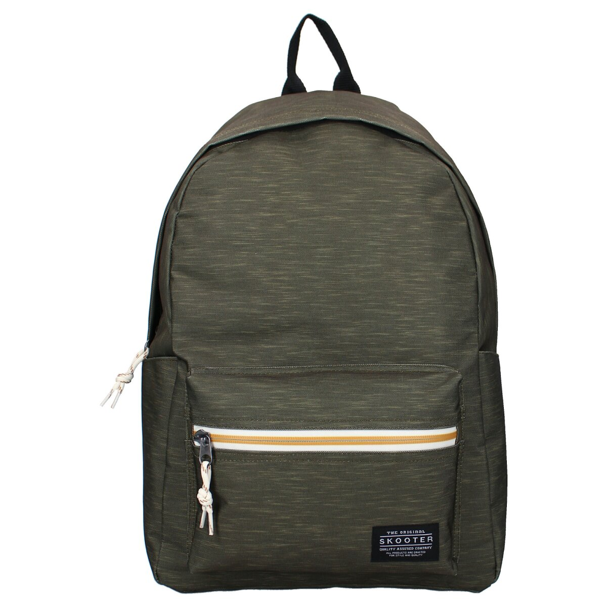 Ein grüner Rucksack mit weißem und gelbem Reißverschluss. Ein kleines Etikett ist angebracht. Der Hintergrund ist weiß.