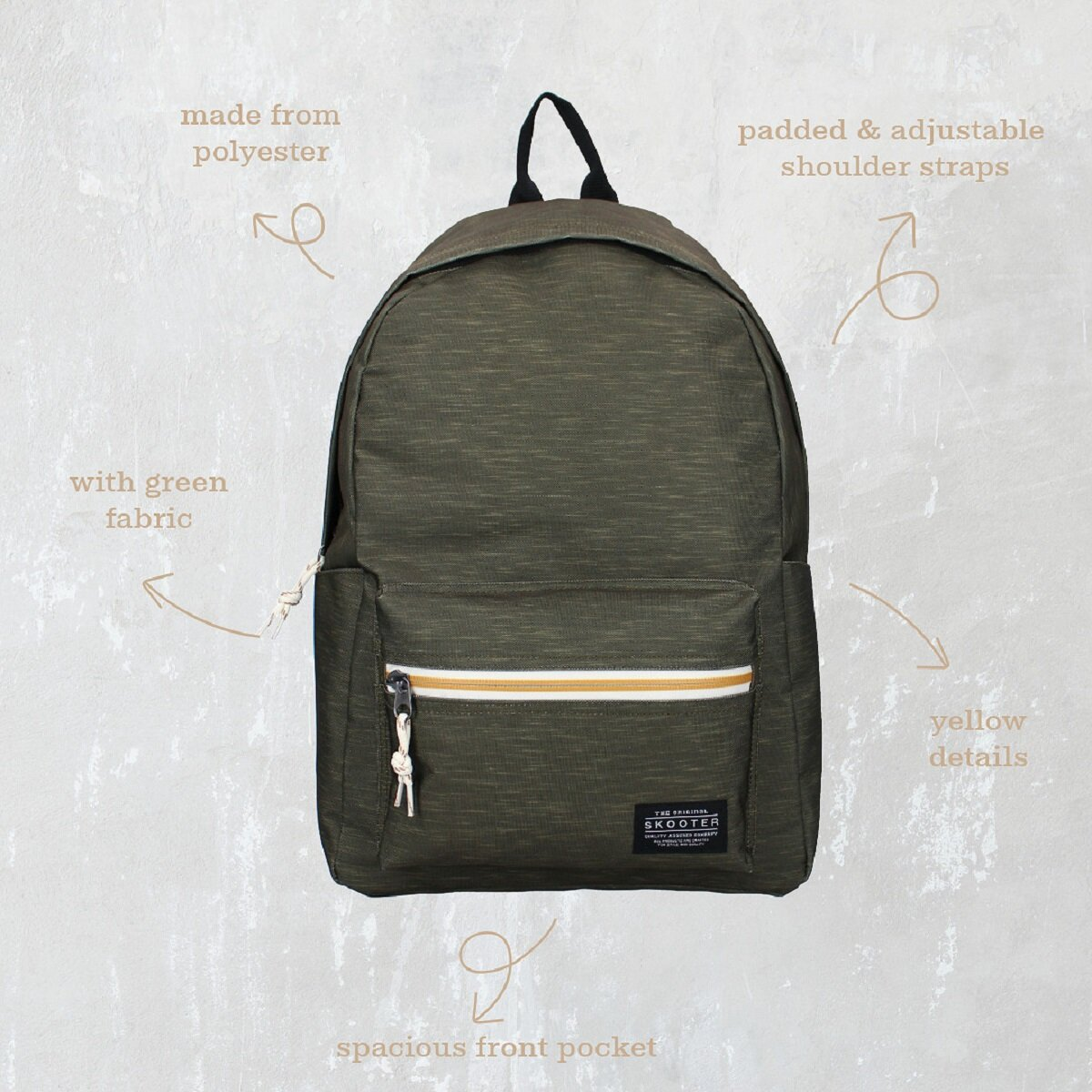 Grüner Rucksack mit gelben Details und Fronttasche. Aus Polyester mit verstellbaren Schultergurten.