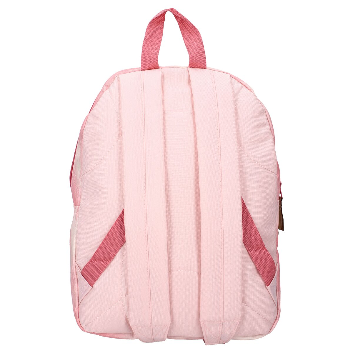Rückansicht eines rosa Rucksacks. Rosa Träger und Griff. Vertikale Linien. Einfarbiger rosa Körper.