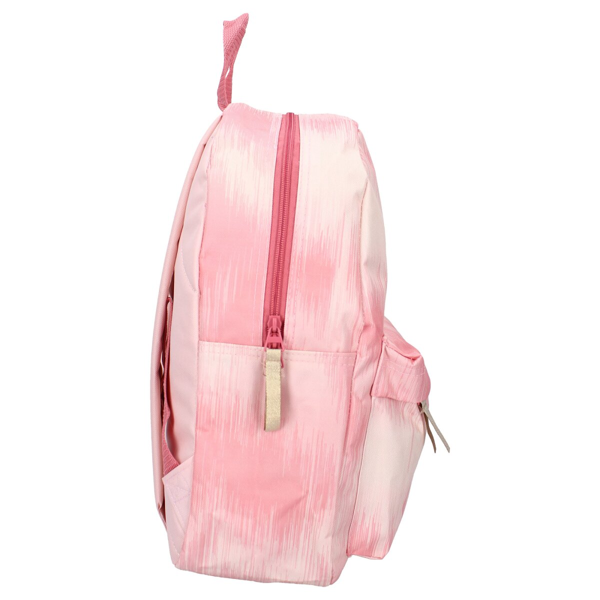 Rosa Rucksack mit Reißverschluss und kleiner Tasche, Seitenansicht.