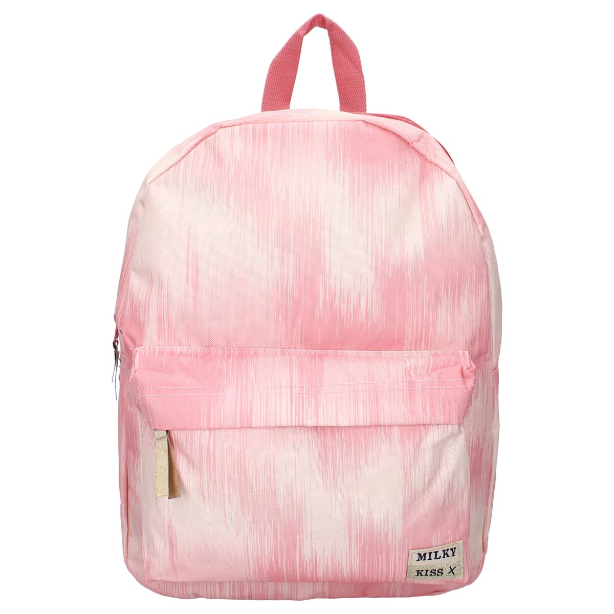 Ein rosa Rucksack mit weißem Muster und zwei Taschen, vor weißem Hintergrund.