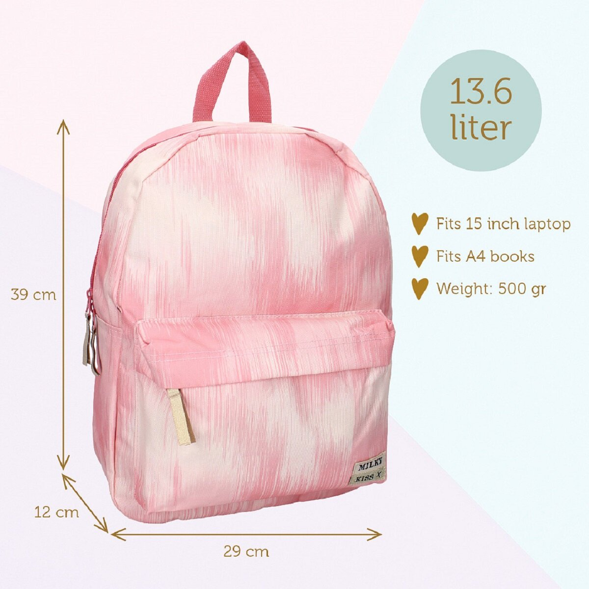 Rosa Rucksack mit beschrifteten Abmessungen. Text: 13,6 Liter, passt für 15-Zoll-Laptop, A4-Bücher, Gewicht 500 g.