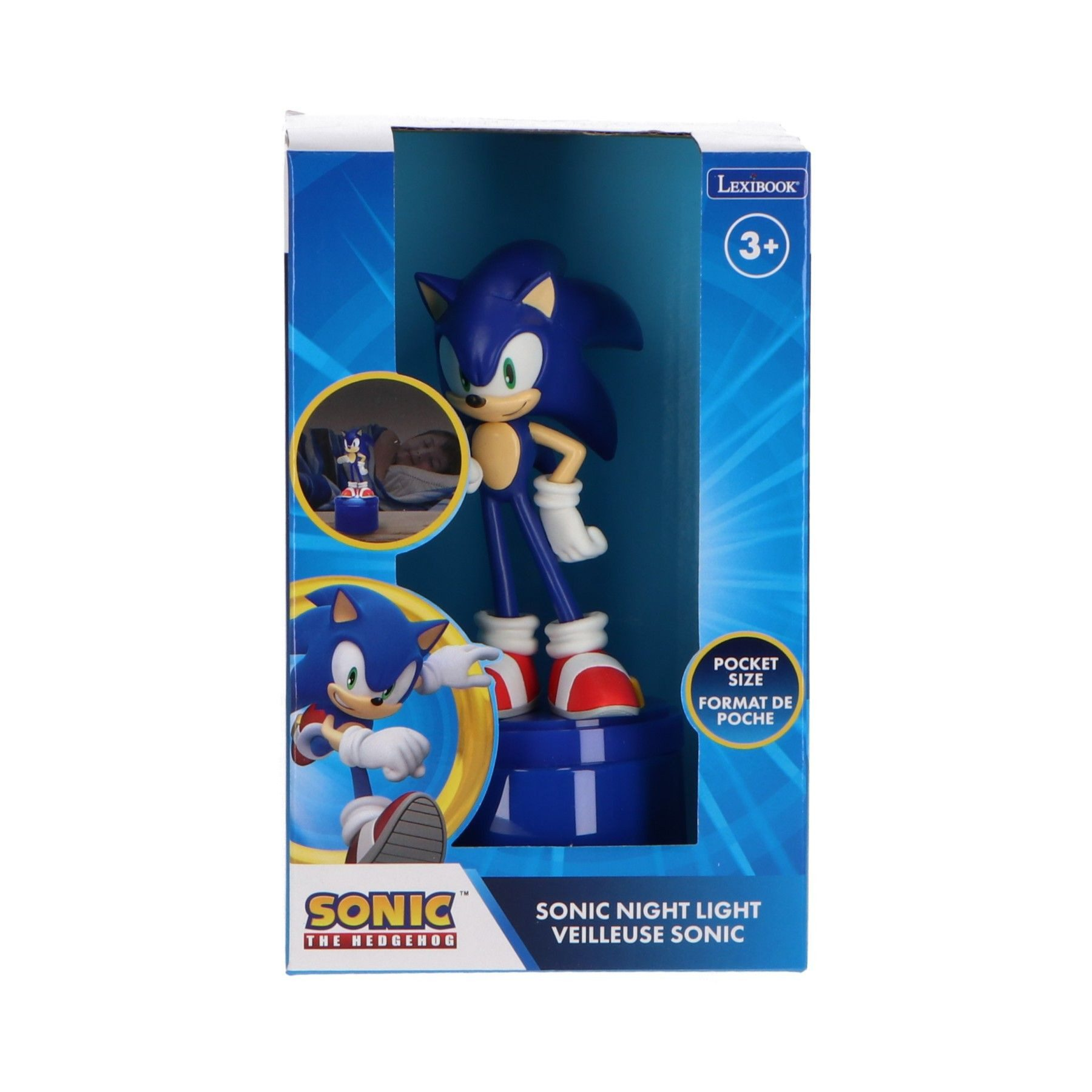 Sonic the Hedgehog Figur in einer Box. Es ist ein Taschen-Nachtlicht in Blau und Weiß.