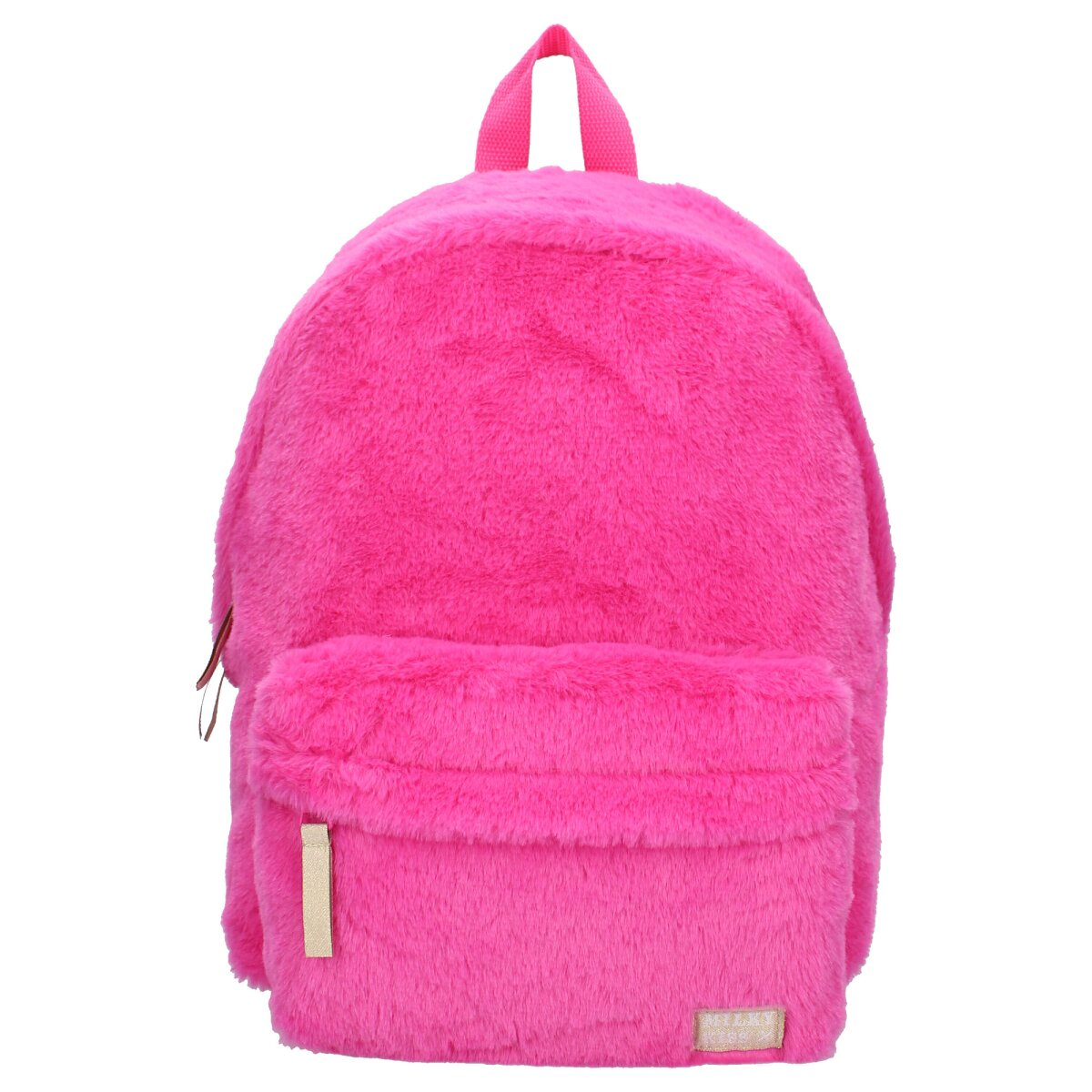 Ein flauschiger, pinkfarbener Rucksack mit einer Vordertasche und einem Griff oben.