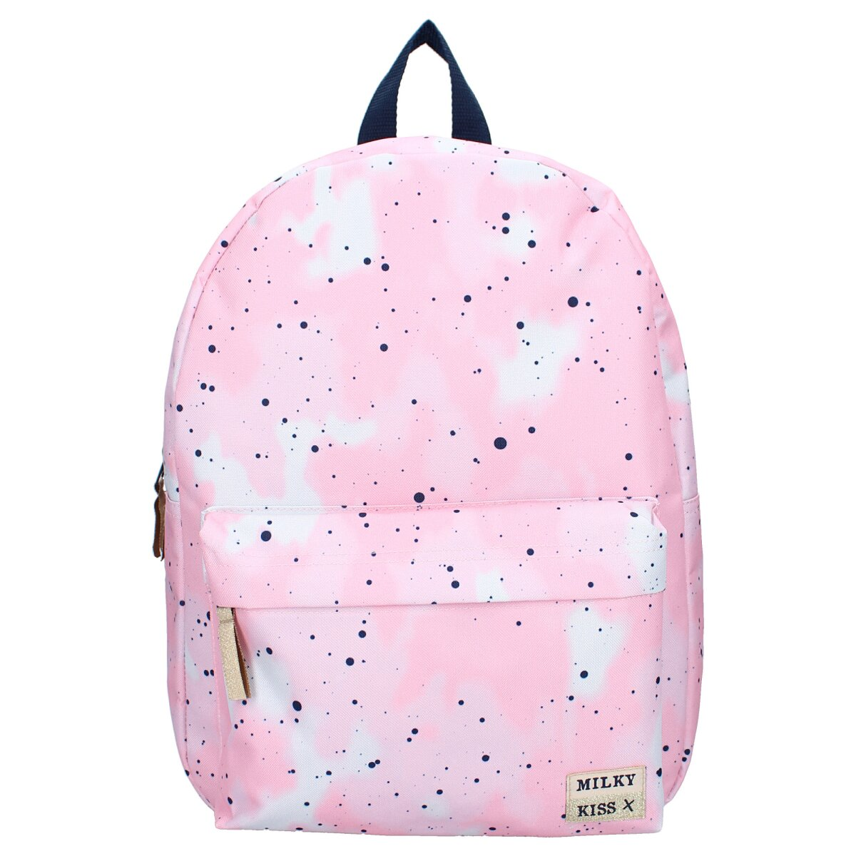 Rosa Rucksack mit weißem und blauem Farbspritzer-Design. Vordertasche. Marineblauer Griff. Milky Kiss-Logo.
