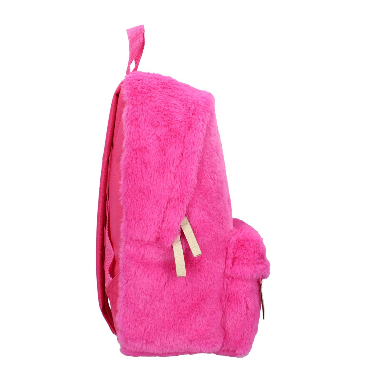 Pinker flauschiger Rucksack. Seitenansicht, rosa Kunstfell, kleine Tasche, Riemen, weiche Textur, heller Griff.