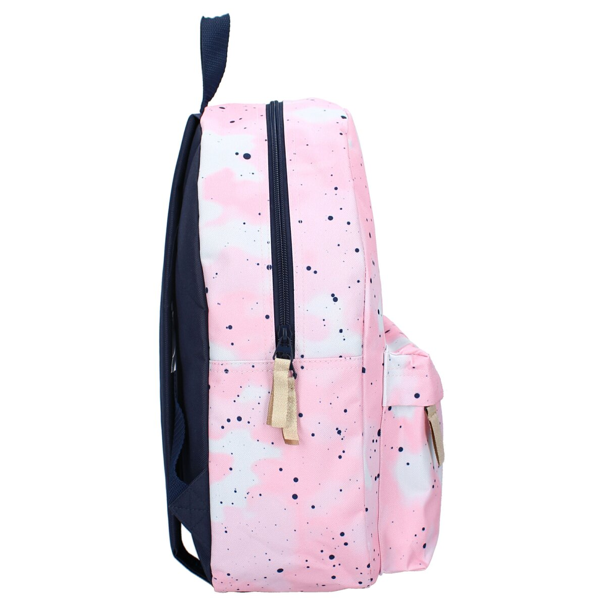 Ein pinkfarbener Rucksack mit marineblauer Seite und Trägern, weißen und blauen Sprenkeln und einem Reißverschluss.