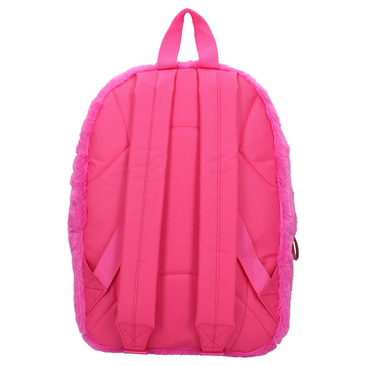 Rosa, pelziger Rucksack mit Schultergurten und einem oberen Griff.