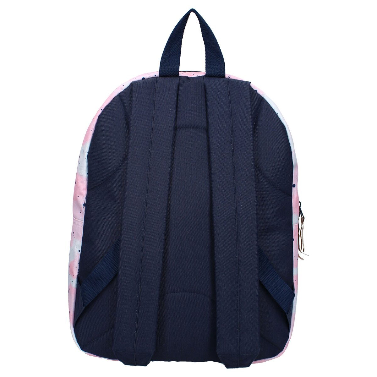Ein pink-blauer Rucksack mit dunkelblauem Rücken und Trägern.