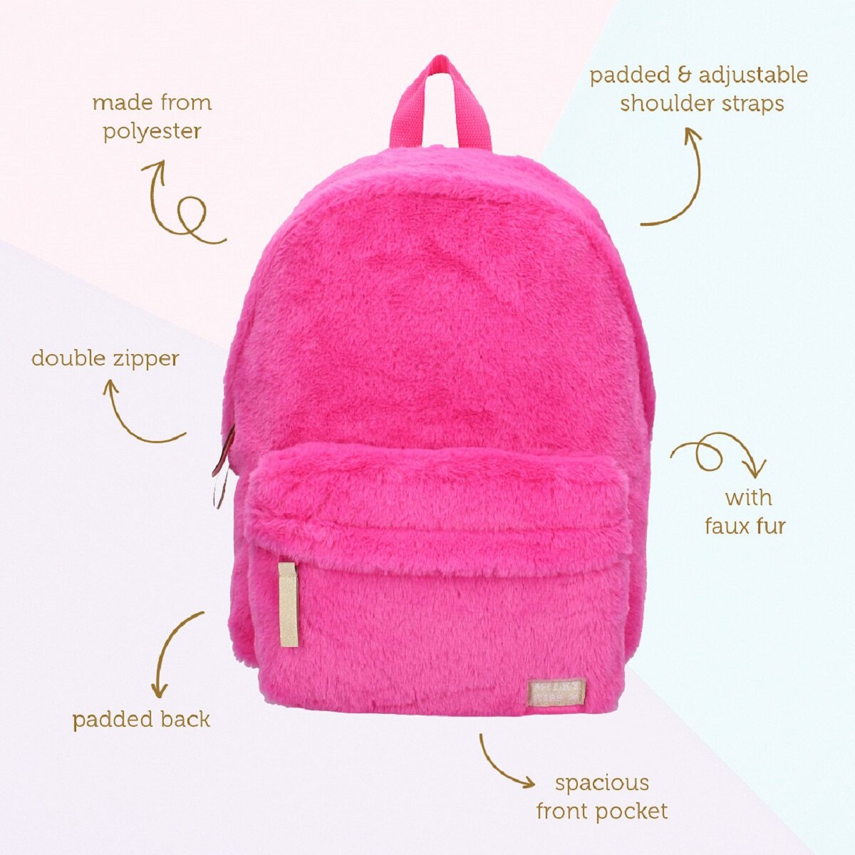 Rosa Rucksack aus Polyester, mit Kunstfell und einer geräumigen Fronttasche.