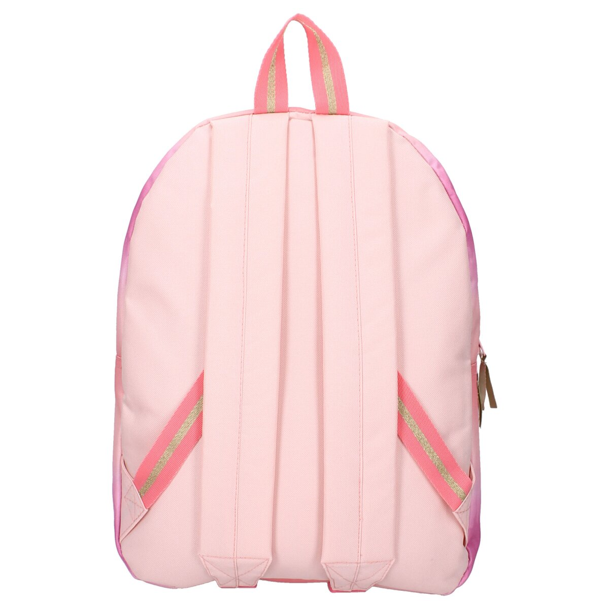Rosa Rucksack mit rosa und goldfarbenen Streifen auf den Trägern. Die Rückseite ist sichtbar.