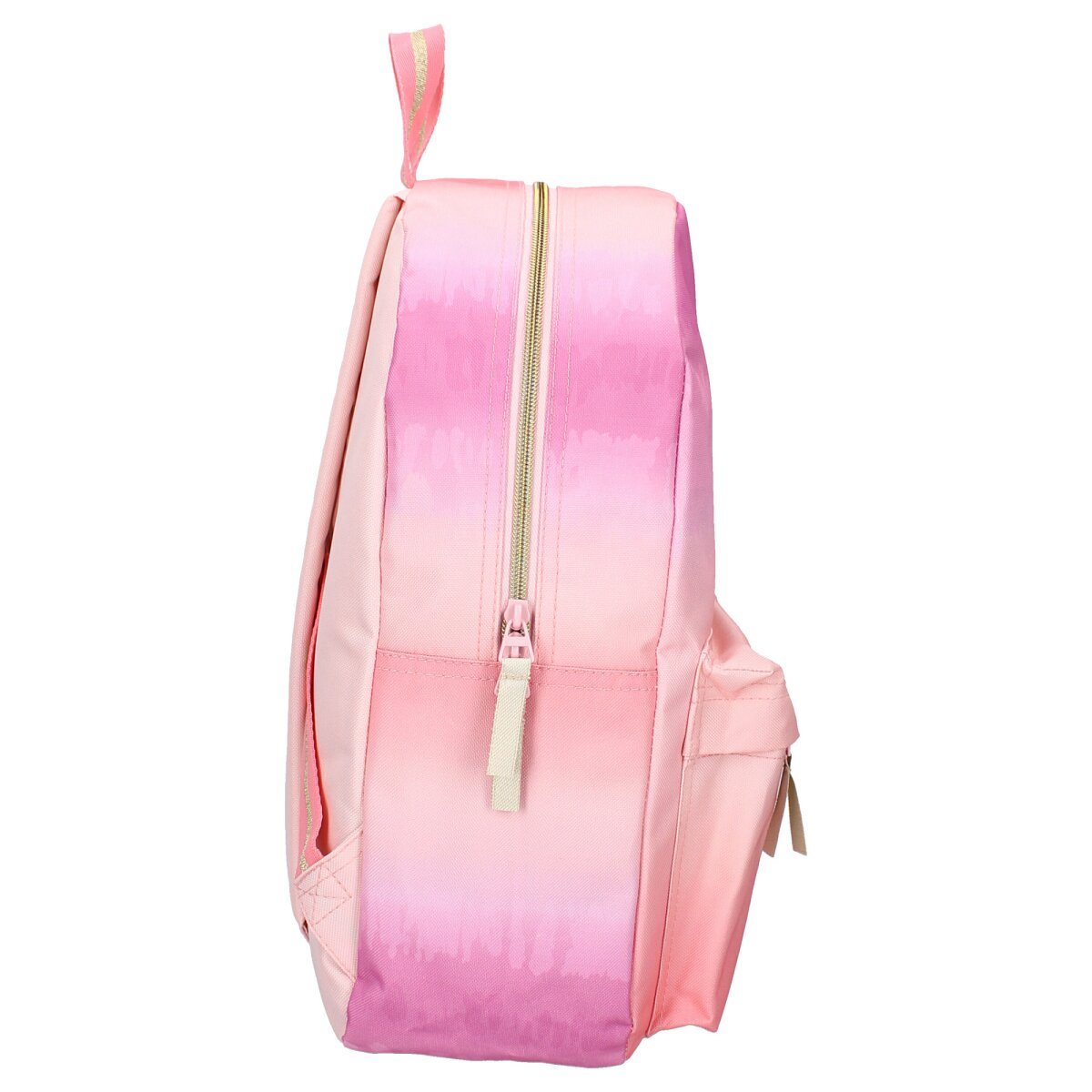 Seitenansicht eines rosa Rucksacks mit Reißverschluss.
