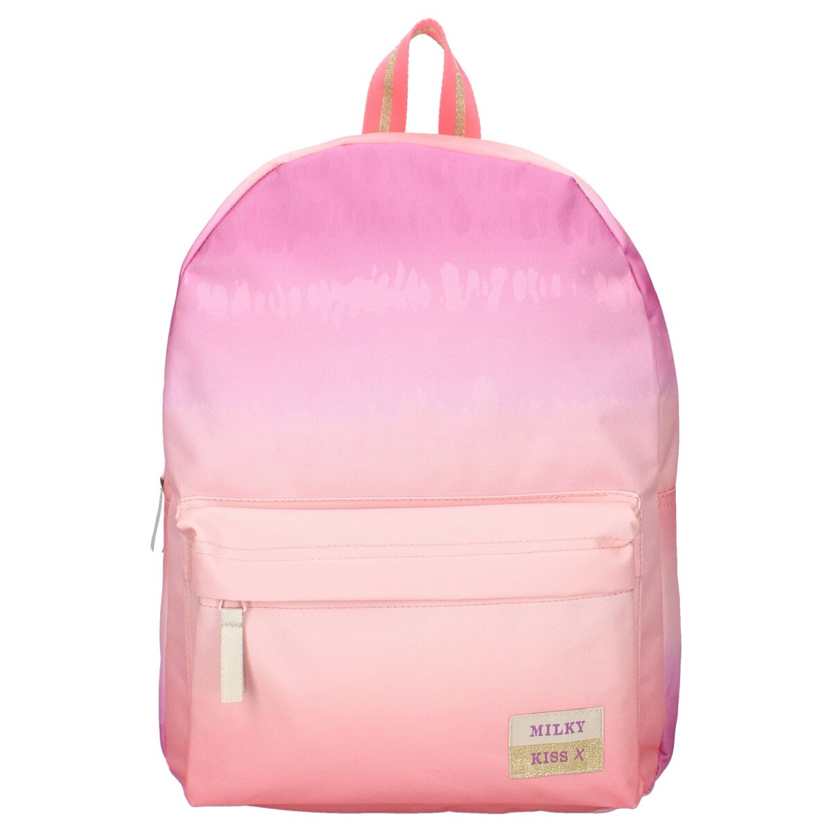 Rosa Rucksack mit Farbverlauf von Rosa zu Rosarot-Weiß. Der Rucksack hat eine Vordertasche.