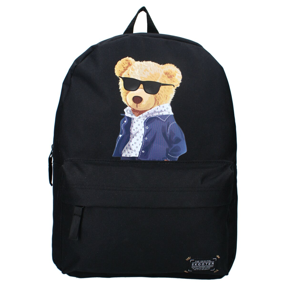 Ein schwarzer Rucksack mit einem Bären, der eine Sonnenbrille trägt. Der Bär trägt eine Jacke und einen Kapuzenpullover.